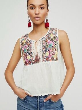 Free People White Sleeveless Embroidered Tassel Tie Boho Top